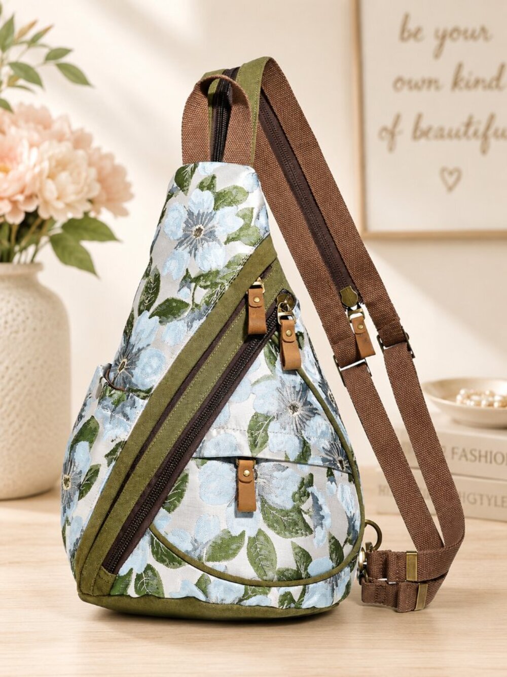 NWT Floral Blue Green Embroidery-Look Convertible Sling/Crossbody/Backpack Bag